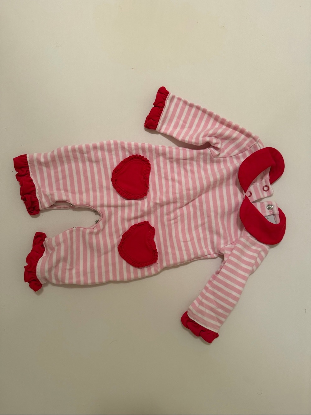 Pink Striped Heart One-Piece with Red Trim